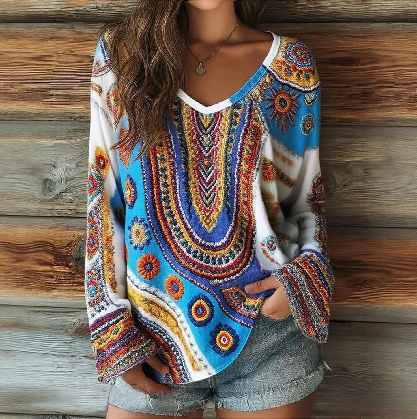 Women's Patchwork Floral Pattern Artistic Print Casual V-Neck Long Sleeve Top