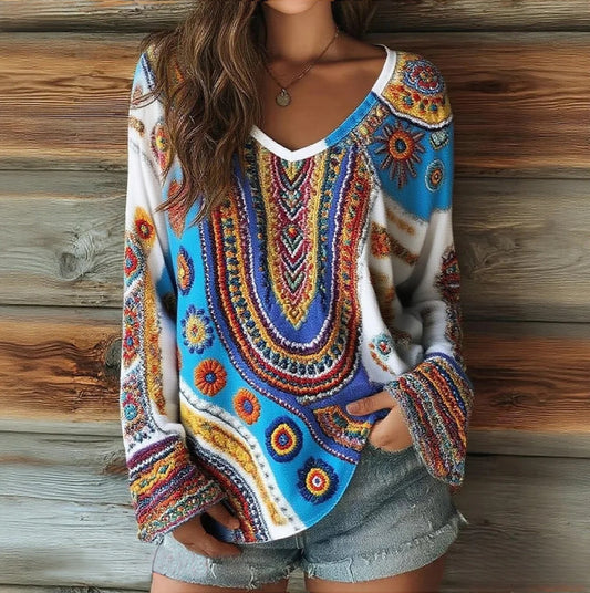 Women's Patchwork Floral Pattern Artistic Print Casual V-Neck Long Sleeve Top