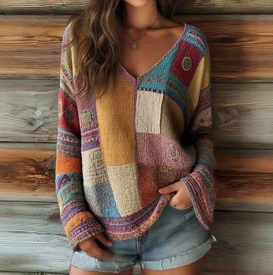 Women's Patchwork Floral Pattern Artistic Print Casual V-Neck Long Sleeve Top