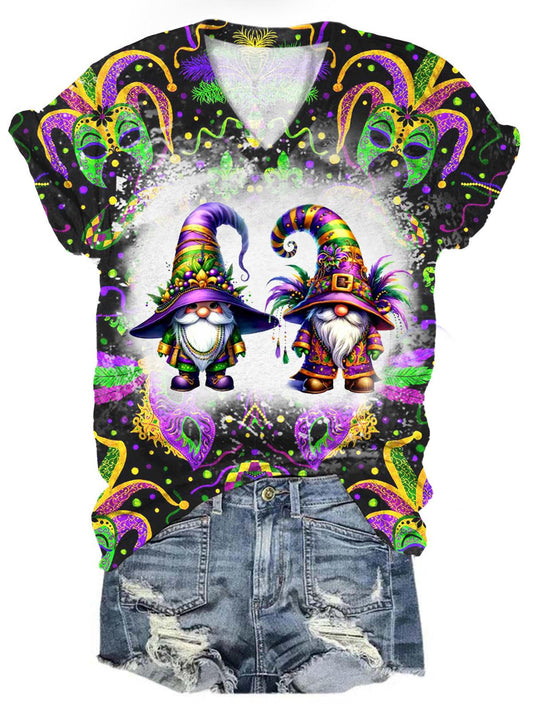 Women's Mardi Gras Gnome Print V-Neck Top