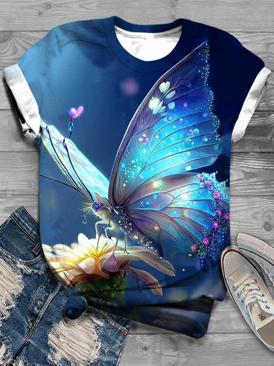 Beautiful Butterfly Print Crew Neck T-Shirt