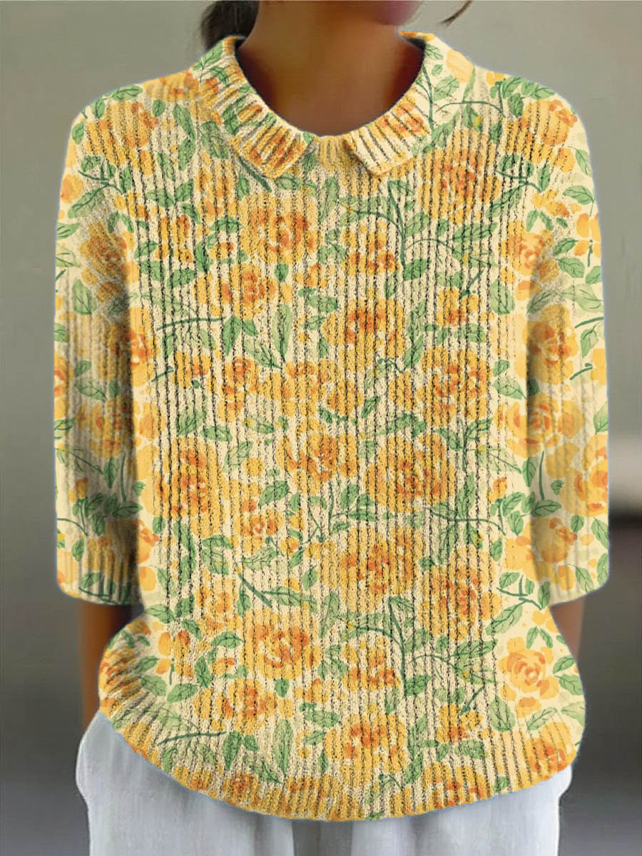 Women's Vintage Floral Art Print Casual Pullover Sweater