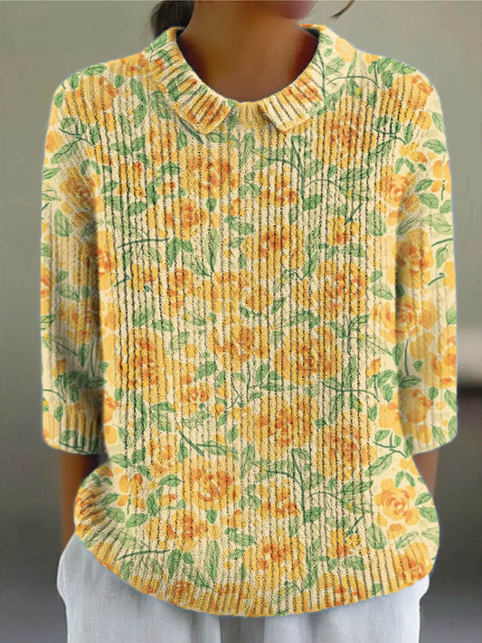 Women's Vintage Floral Art Print Casual Pullover Sweater