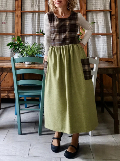 Brown Green Patchwork Cotton Apron