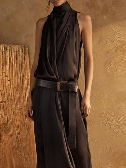 Elegant Plain High Neck Sleeveless Loose Maxi Tank Dress