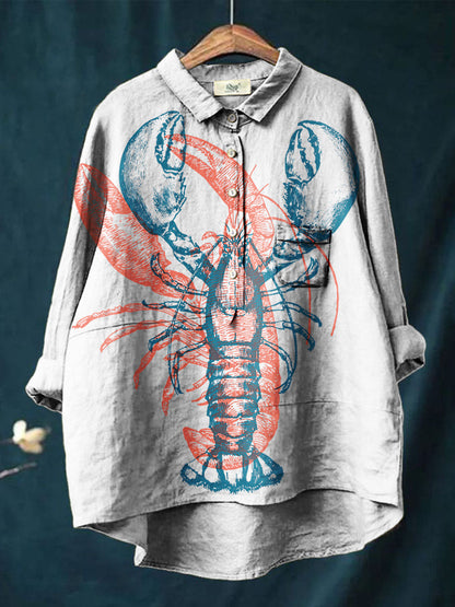 Women's Crayfish Colorblock Print Casual Cotton And Linen Shirt