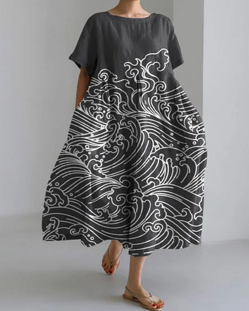 Wave Print Vintage Loose Short Sleeve Cotton Linen Dress