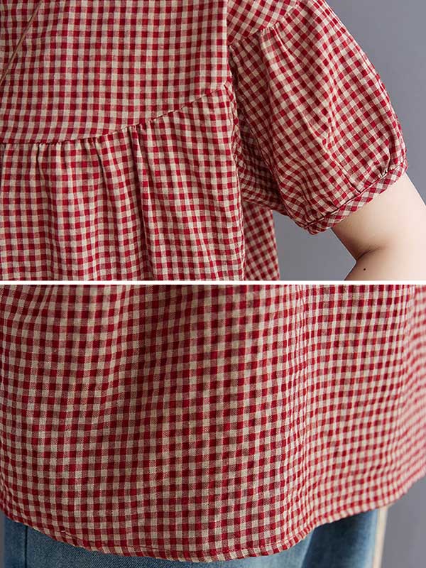 Cotton Blend Plaid Polo Puff Sleeve T-Shirts Tops