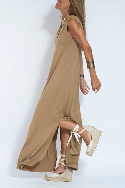 Elegant Is Eternal Knit Solid Color Sleeveless Slit Maxi Dress