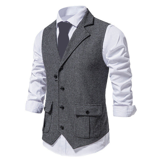Men's Herringbone warm Lapel Wool Waistcoat V-Neck Sleeveless Vest Vintage Suit