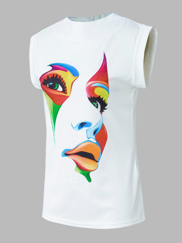 Original Casual High-Neck Cap Sleeves Face Printed T-Shirt Top