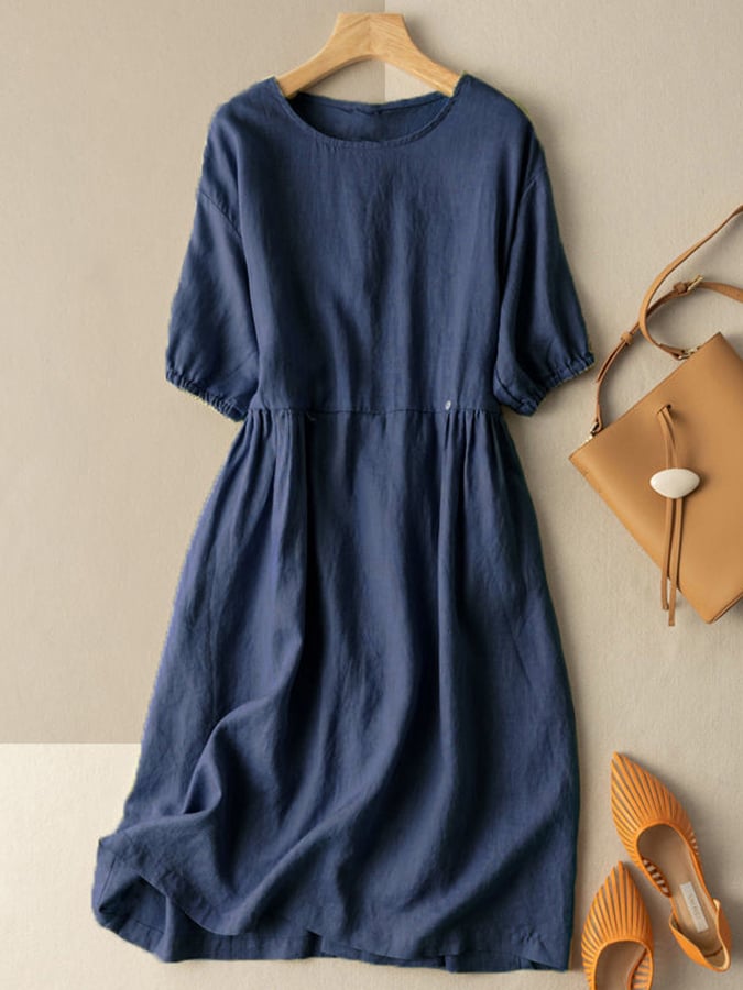 Mid Length Mid Sleeved Cotton Linen Dress