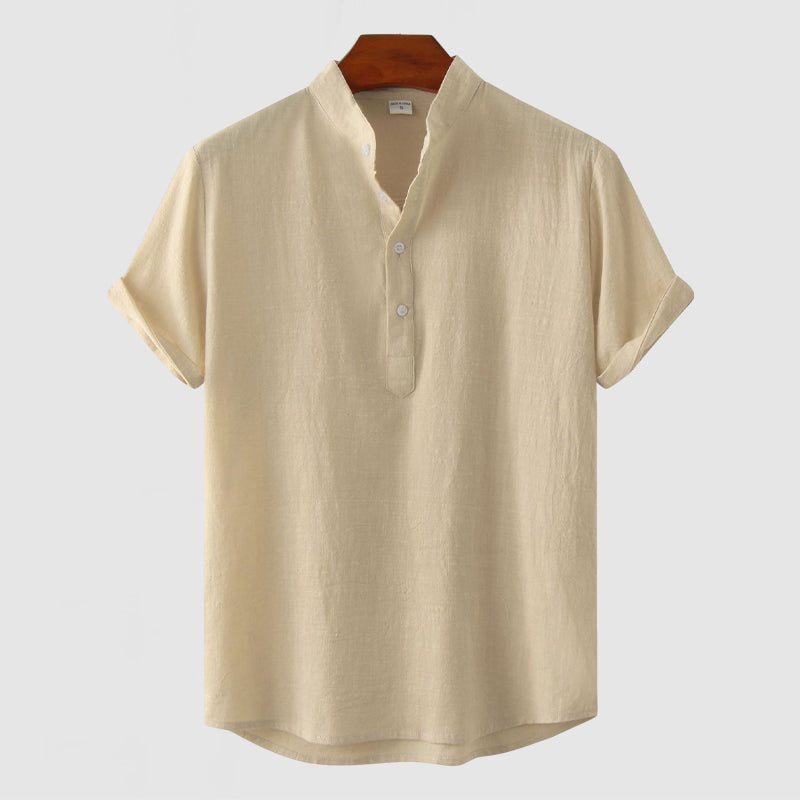 Men's Stand Collar Cotton Linen Short Sleeve Shirt