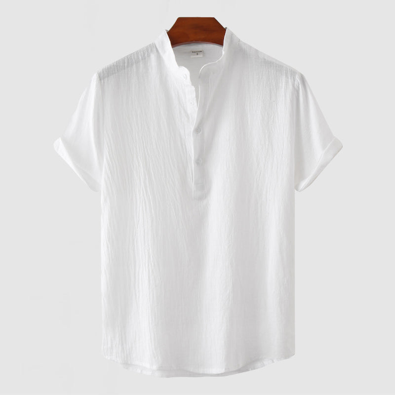 Men's Stand Collar Cotton Linen Short Sleeve Shirt