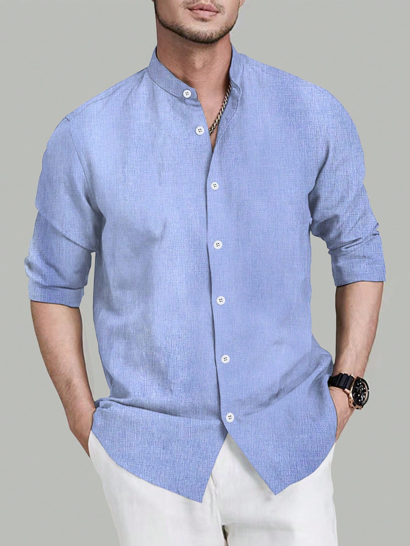 Men's Spring/Summer Casual Stand Collar Long Sleeve Shirt