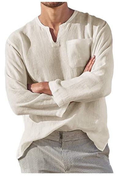 Long Sleeve V-neck Casual Beach Linen Shirt