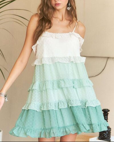 ADORA Swiss Dot Ruffled Tiered Mini Dress