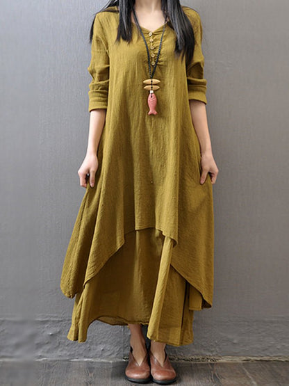 Ladies Cotton Linen Fake Two Piece Long Sleeve Dress