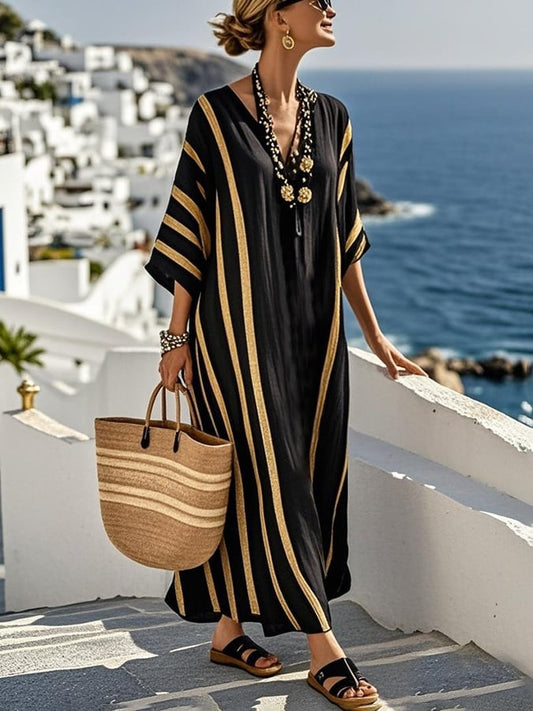 Classic V-neck Drop Shoulder Striped Midi Dress
