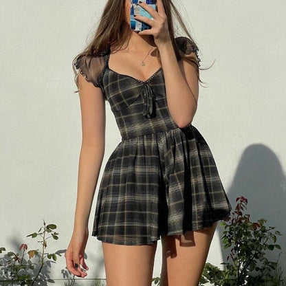 Milly Plaid Lace Square Neck Mini Dress