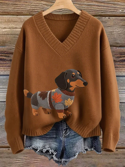 Vintage Dachshund Felt In Gradient Art Inspired Embroidered Cozy Knit Sweater