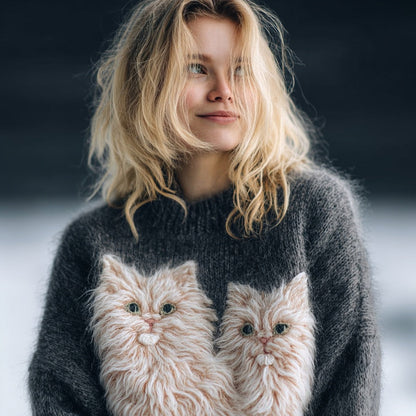 Cute Fuzzy Cats Pattern Crew Neck Cozy Knit Sweater