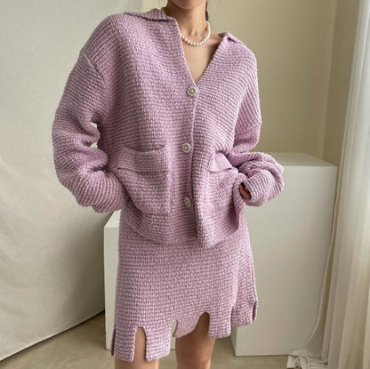 Temperament V-Neck Single-Breasted Sweater Knit Set