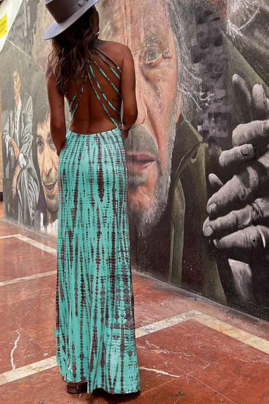 Modern Day Tie-dye Print Back Lace-up Stretch Maxi Dress