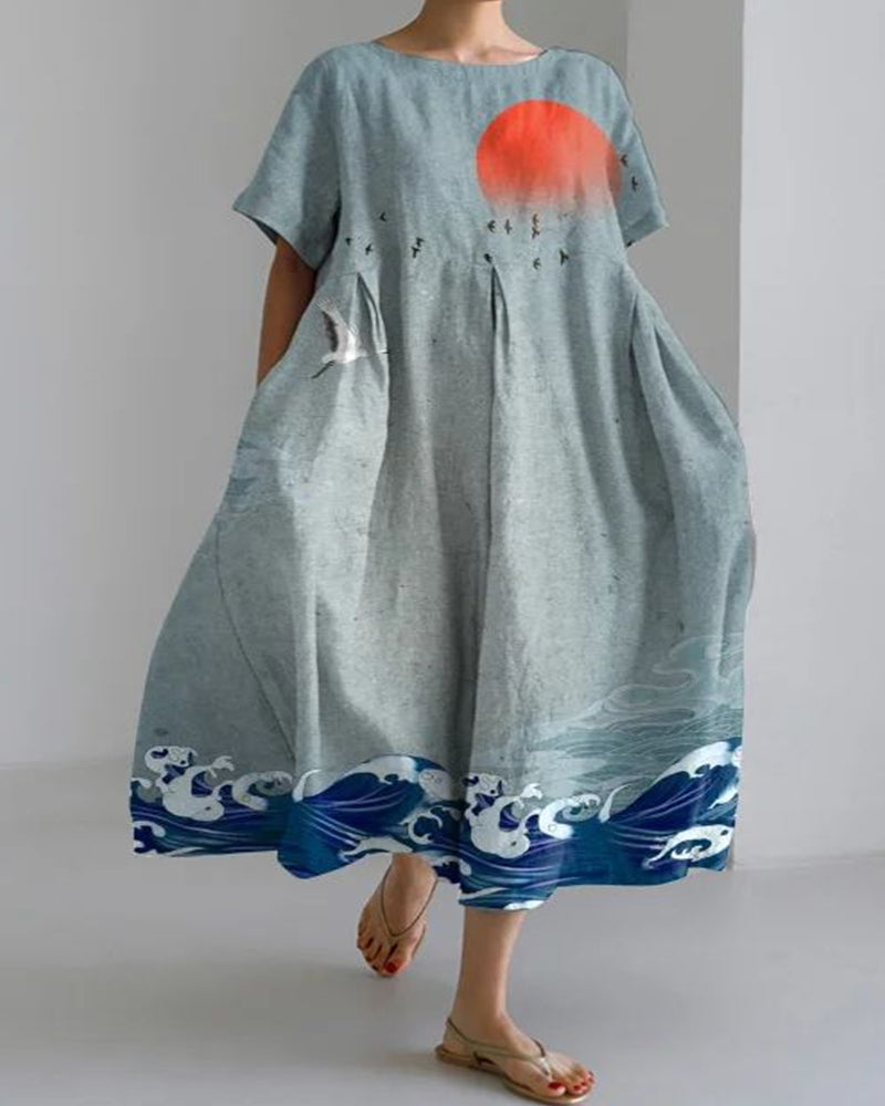 Wave Sunset Print Vintage Loose Short Sleeve Cotton Linen Dress