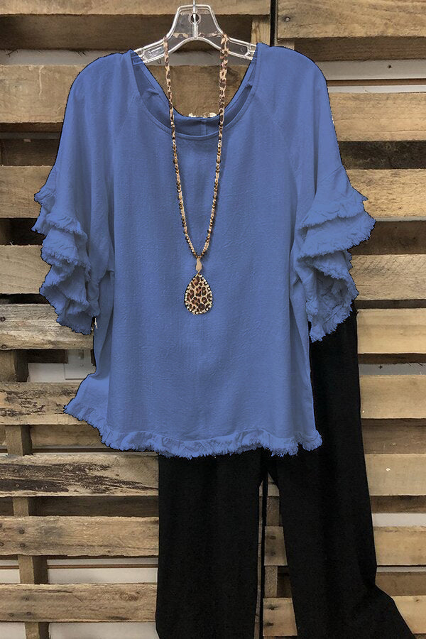 Ruffled Round Neck Cotton T-shirt