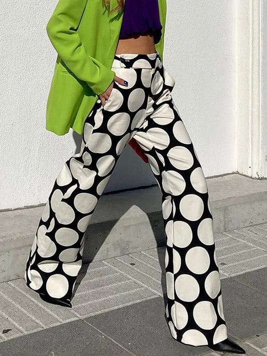 Original Contrast Color Polka-Dot Printed Wide Leg Pants