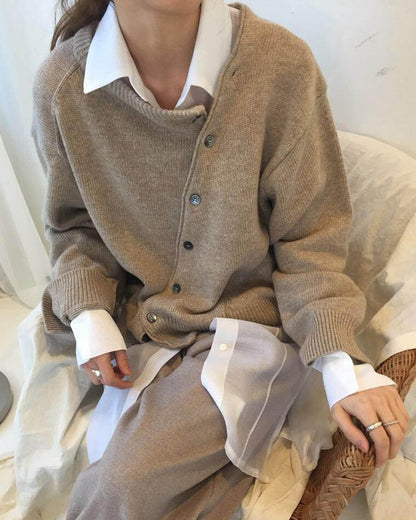 Women Pure Colour Fashion Irregular Knitwear Slanting Buckle Cardigan