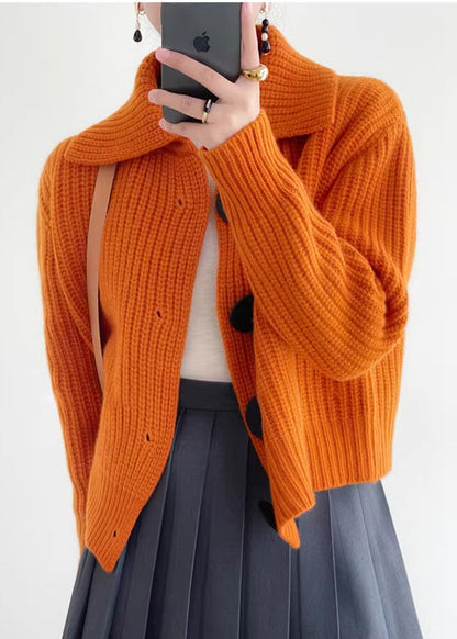 Modern Orange Peter Pan Collar Button Down Knit Cardigan Winter