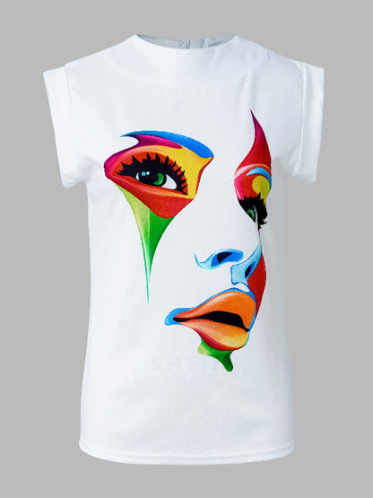 Original Casual High-Neck Cap Sleeves Face Printed T-Shirt Top