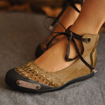 Deep Khaki Hollow-Out Flat Heel Daily Suede Flats