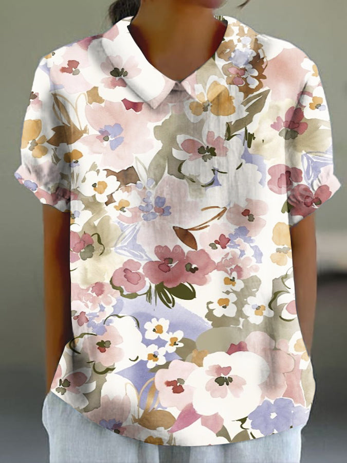 Women's Colorblock Floral Print Casual Cotton And Linen Short Sleeve Shirt