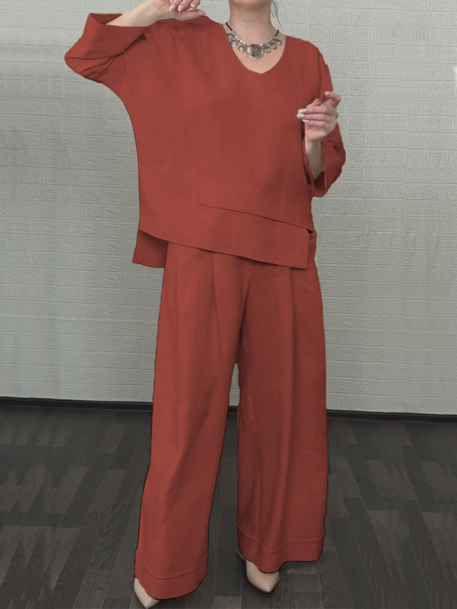 Women'S Casual Solid Color Irregular Cotton And Linen Shirt and Pats Suit