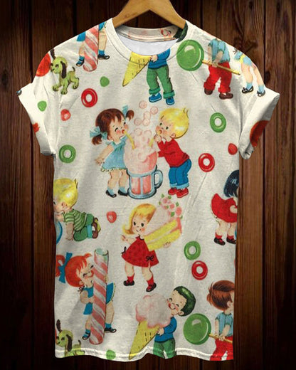 Vintage Cartoon Cute Children's Printed Round Neck Short-Sleeved T-Shirt