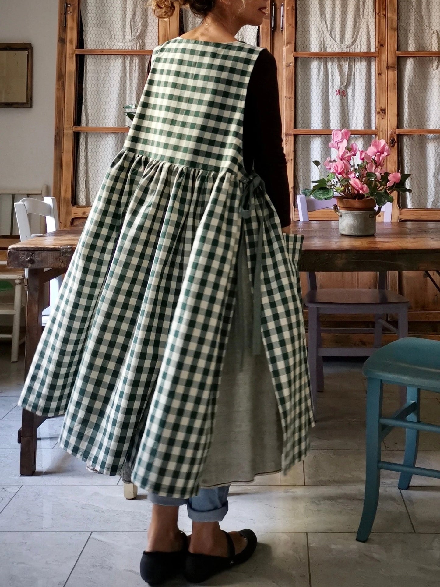 Dark Green Checked Cotton Kitchen Apron
