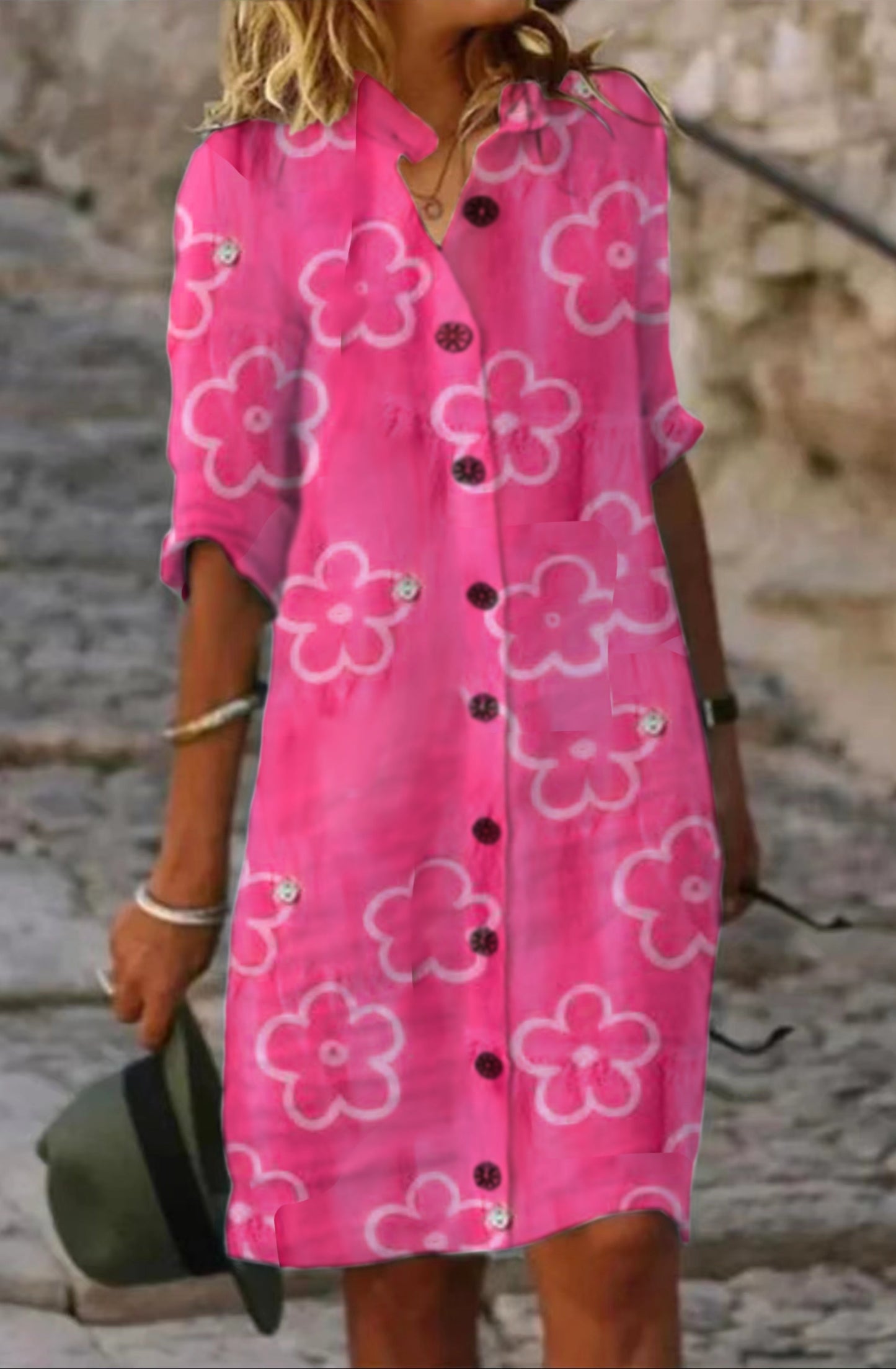 Cotton casual with pink flowers dress