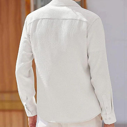 Men's Solid Color Lapel Long Sleeve Waffle Casual Shirt