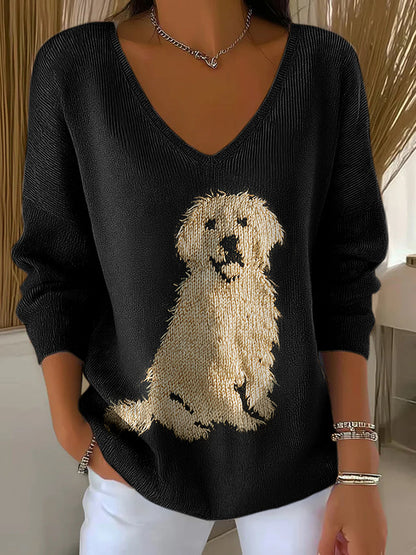 Classic Fuzzy Golden Retriever Dog Felt Art Inspired Embroidered V Neck Cozy Knit Sweater