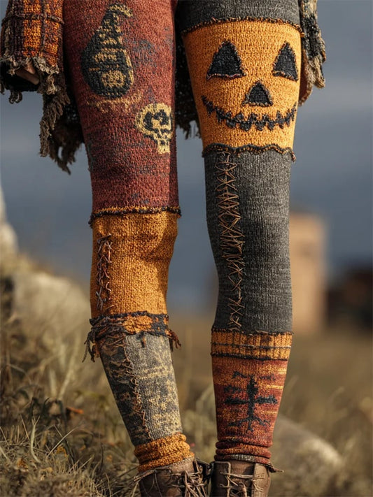 Women's Halloween Pumpkin Patchwork Print Leggings