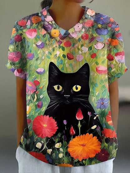 Women's Ombre Floral Cat Print Casual Cotton And Linen Shirt