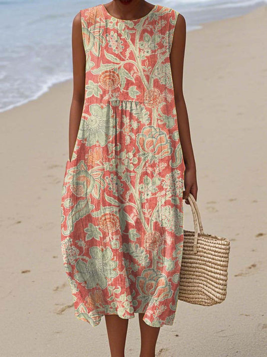 Women's Vintage Floral Pattern Art Print Sleeveless Cotton Pocket Wrap Dress