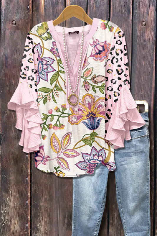 Chic Floral Print Leopard Ruffle Sleeve Top