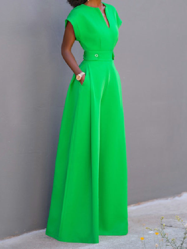 Urban Cap Sleeve Solid Color Wide Leg Jumpsuits