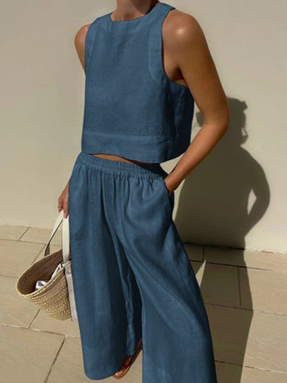 Solid Color Round-Neck Sleeveless Vest + Elasticity Wide Leg Pants Two Pieces Set