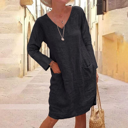 Pure Color Casual Cotton And Linen V-neck Dress