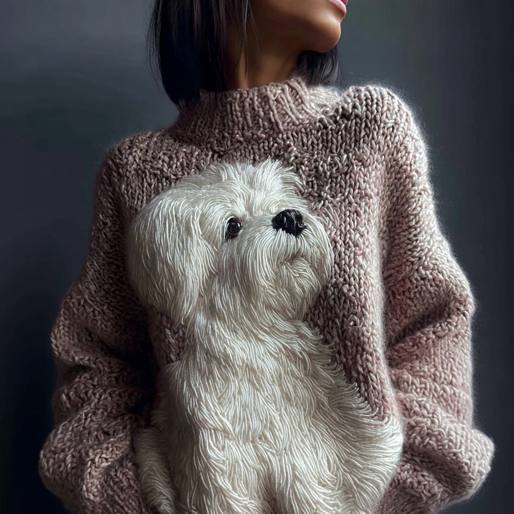 Cute White Dog Embroidered Crew Neck Cozy Sweater